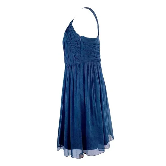 Amsale One Shoulder Party Cocktail Silk Navy Dress 4 Bridesmaid Wedding Guest - Picture 6 of 12